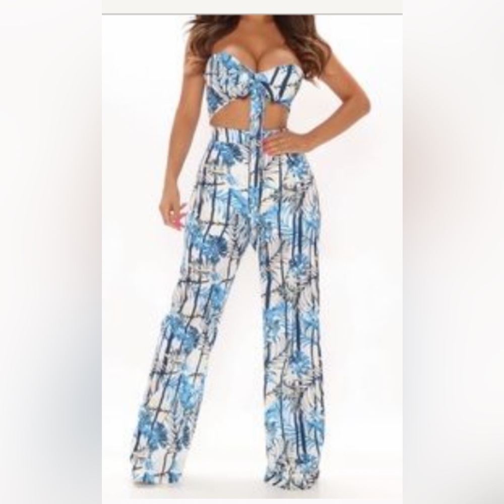 Blue & White Tropical Jumpsuit